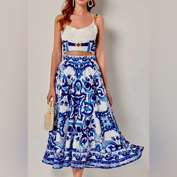 Summer Blues Cropped Top Midi Skirt Two-Piece Set - Picture 1 of 16